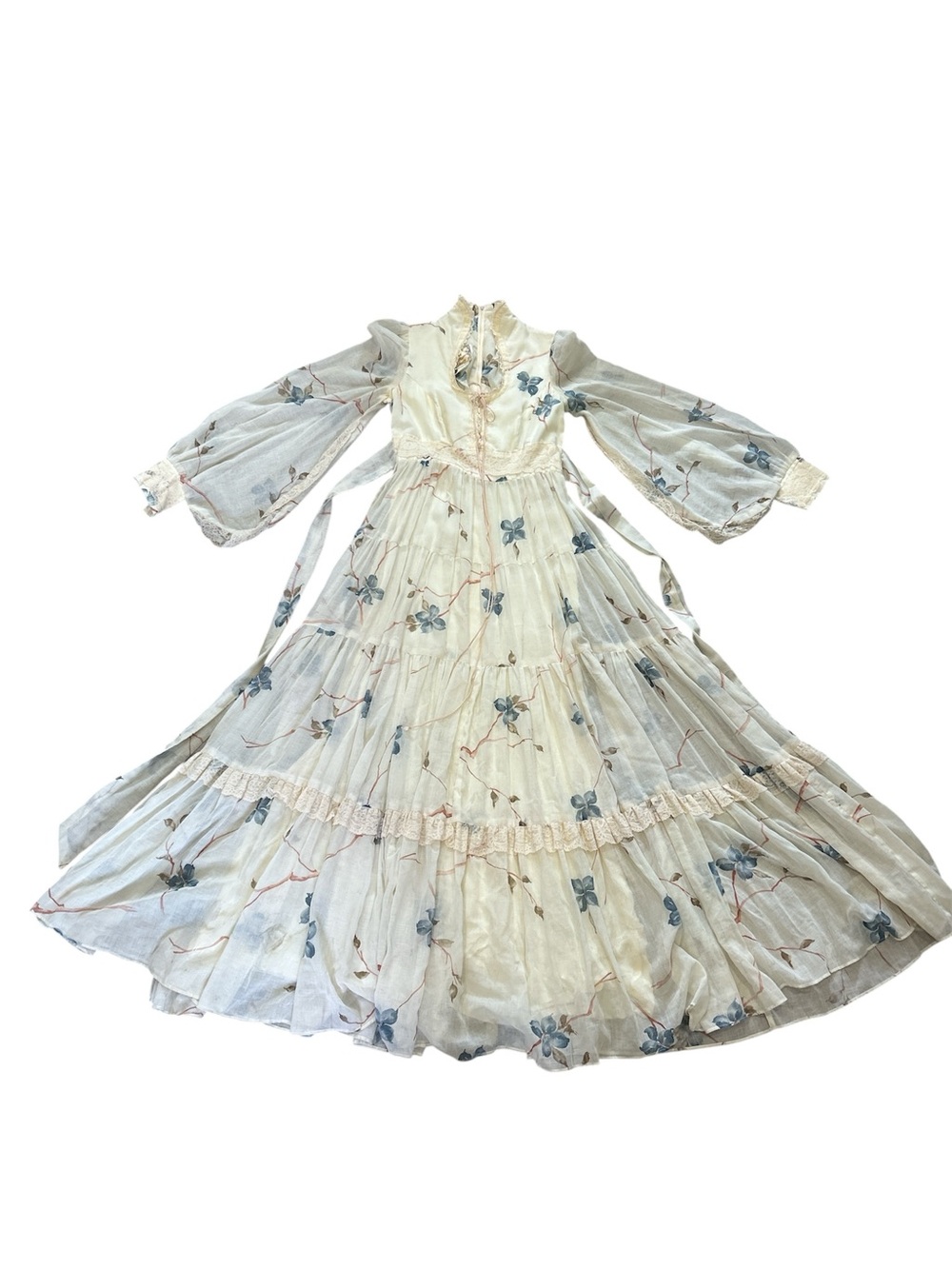 70’s Gunne Sax floral Dogwood print maxi bishop sleeve cream Sz Xs-Small - Picture 7 of 16